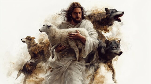 Jesus is carrying a sheep and fighting with wolves on the right side of his body. Painted in watercolor