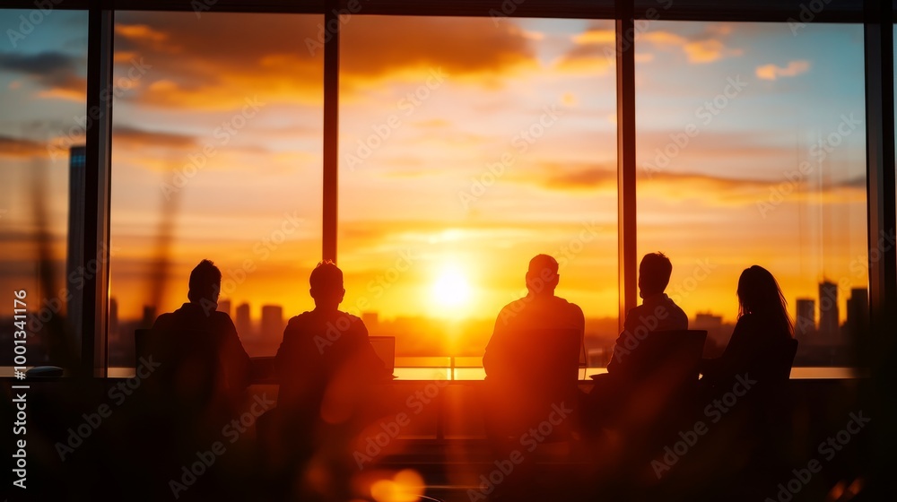 Sticker Team Collaboration at Sunset in a Glass-Walled Office showcasing teamwork, sunset view, cityscape, office environment, and success.