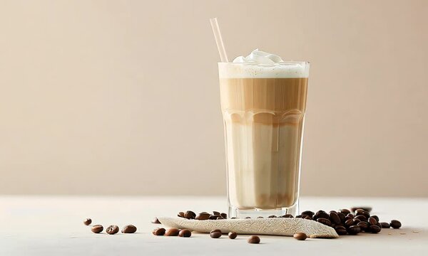 A tall glass of iced latte with a straw and coffee beans on the table