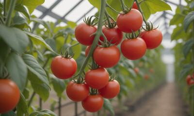 Ripe red tomatoes growing on a vine in a greenhouse