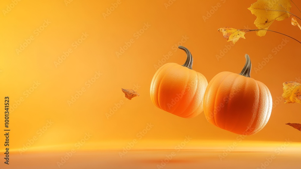 Poster Two glowing pumpkins float in the air against a vibrant orange background, with falling leaves symbolizing the autumn season and a sense of joy, harvest, and celebration.