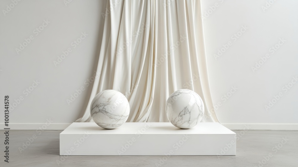 Sticker Two smooth white marble spheres rest on a white platform, symbolizing purity, simplicity, balance, and elegance.