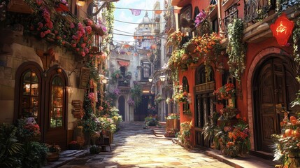 Naklejka premium A vibrant, narrow Italian street lined with colorful buildings adorned with balconies overflowing with flowers, under a bright blue sky