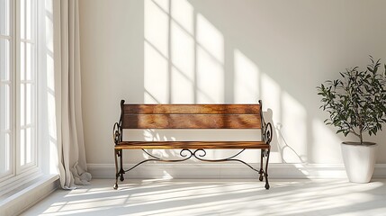 Wooden Bench with Iron Accents in Sunlit Room with Plant