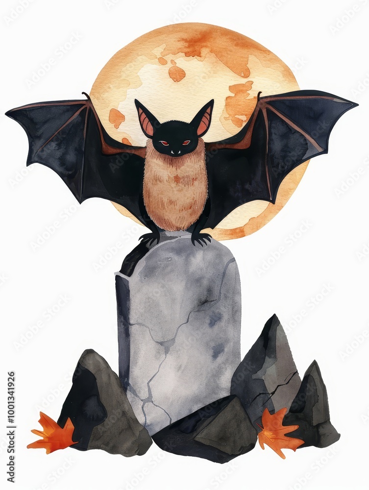 Canvas Prints Watercolor illustration of a vampire bat perched on a gravestone under a full moon, symbolizing mystery, darkness, Halloween, and the supernatural.