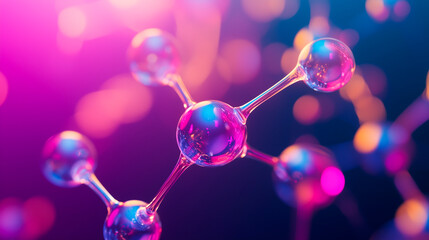 Vibrant molecular model of fats and carbohydrates in bright pink and blue tones, scientific keto diet background