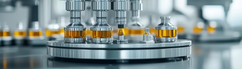 Close-up of glass vials with amber liquid on a metallic surface in a laboratory setting.