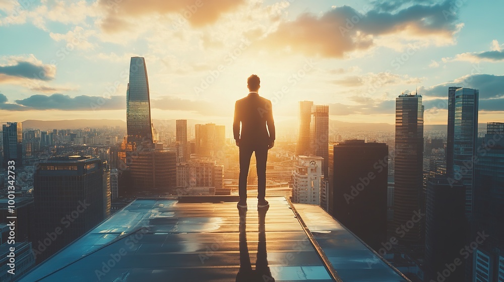 Wall mural Young Entrepreneur Standing Confidently in a Cityscape