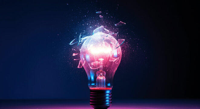 Light bulb explodes in a burst of light and glass shards against a dark blue background.
