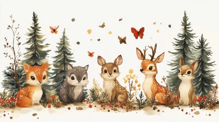 Fototapeta premium A charming illustration depicting various animals coming together to celebrate around their own version(s)of natural forest-themed evergreen trees