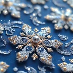 A close-up view of intricately designed snowflakes on a blue background, perfect for a winter-themed card