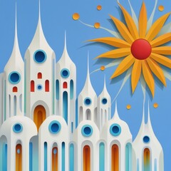 Colorful castle with spires under a bright sun in a whimsical landscape illustration