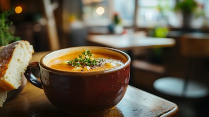 Photo of a bowl or mug filled with soup, placed on top of the table in restaurant
