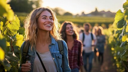 A woman is smiling and walking through a vineyard with a group of people