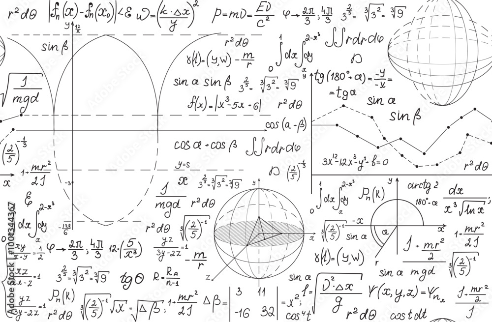 Wall mural mathematical vector seamless pattern with handwritten geometrical figures, calculations and formulas