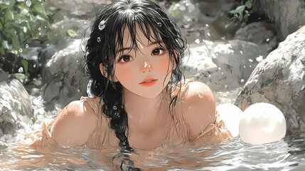 Fototapeta premium Anime Girl with Long Black Hair in a River