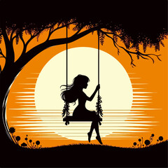 Silhouette of Girl  sitting on Tree Swing with Forest Animals and Falling Leaves.