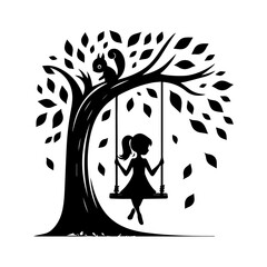 Silhouette of Girl  sitting on Tree Swing with Forest Animals and Falling Leaves.