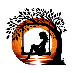 Silhouette of Girl  sitting on Tree Swing with Forest Animals and Falling Leaves.