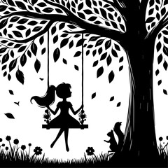 Silhouette of Girl  sitting on Tree Swing with Forest Animals and Falling Leaves.