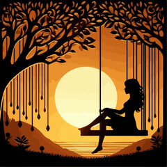 Silhouette of Girl  sitting on Tree Swing with Forest Animals and Falling Leaves.