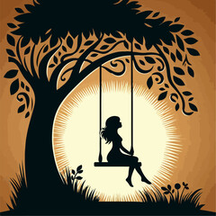 Silhouette of Girl  sitting on Tree Swing with Forest Animals and Falling Leaves.
