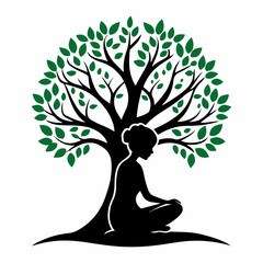 Stylized Girl Meditating Under Tree of Life with Heart and Falling Leaves.