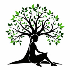 Stylized Girl Meditating Under Tree of Life with Heart and Falling Leaves.