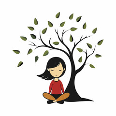 Stylized Girl Meditating Under Tree of Life with Heart and Falling Leaves.
