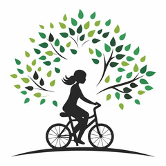 Stylized Girl Meditating cycling  Under Tree of Life with  Falling Leaves.