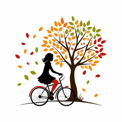 Stylized Girl Meditating cycling  Under Tree of Life with  Falling Leaves.