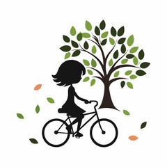 Stylized Girl Meditating cycling  Under Tree of Life with  Falling Leaves.