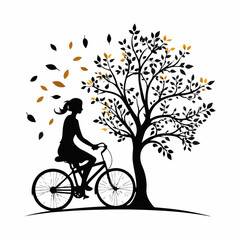 Stylized Girl Meditating cycling  Under Tree of Life with  Falling Leaves.