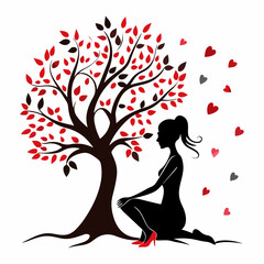 Stylized Girl Meditating Under Tree of Life with Heart and Falling Leaves.