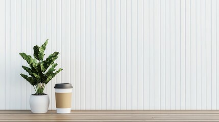 Fototapeta premium Compact container coffee shop exterior with white walls, wooden deck, and view of a serene valley