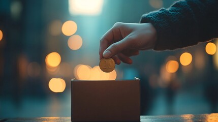 Hand Dropping Coin into Donation Box with Blurred City Lights in Background