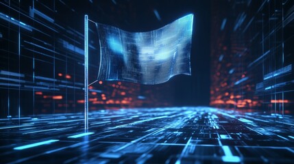 A digital representation of a flag flows within a futuristic landscape, featuring vibrant blue and red light patterns, suggesting themes of technology and creativity.