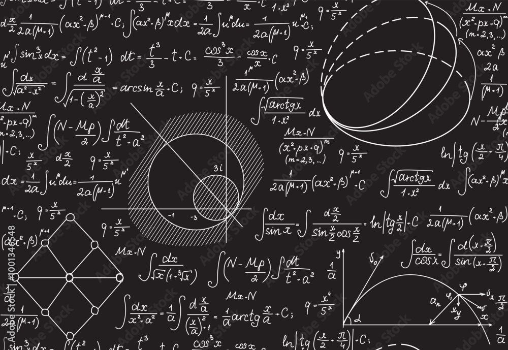 Wall mural math scientific vector seamless pattern with handwritten figures, formulas and geometry plots