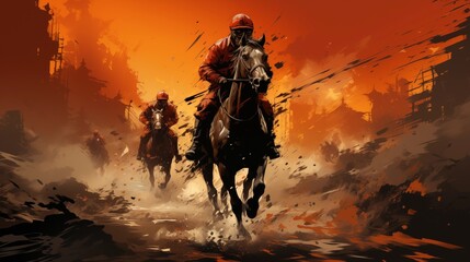 Fototapeta premium horse racing with red silhouette.