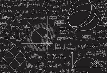 Math scientific vector seamless pattern with handwritten figures, formulas and geometry plots
