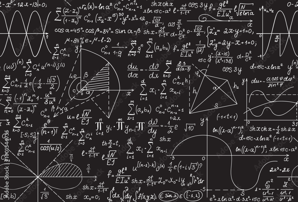 Sticker math scientific vector seamless pattern with handwritten equations, formulas and calculations