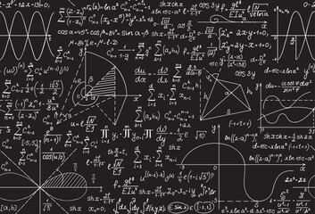 Math scientific vector seamless pattern with handwritten equations, formulas and calculations