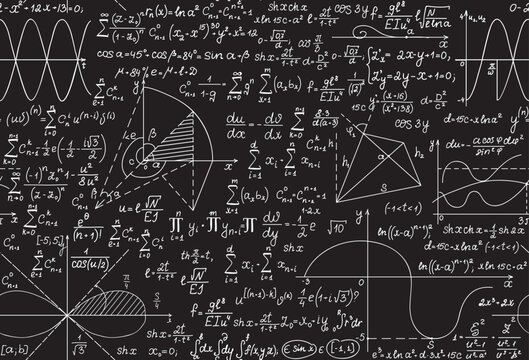 Math scientific vector seamless pattern with handwritten equations, formulas and calculations