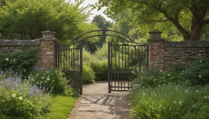 An enchanting garden gate invites exploration on a peaceful morning surrounded by vibrant greenery and blooming flowers
