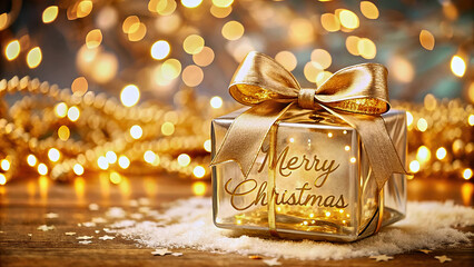 Glass gift box with bow and Merry Christmas inscription on side. AI, Generation, Illustration.