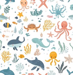 A seamless pattern of cute sea animals