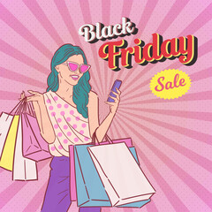Black Friday sale promotion banner or flyer design with retro or pop art style illustration. Vector.