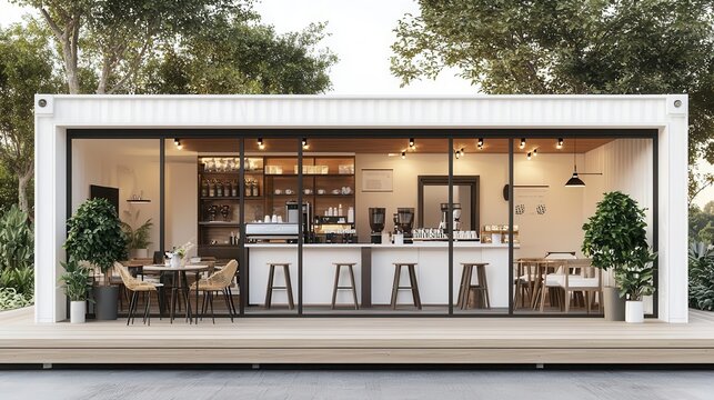 Chic container coffee shop exterior with white stucco finish, open seating area, and view of a botanical garden