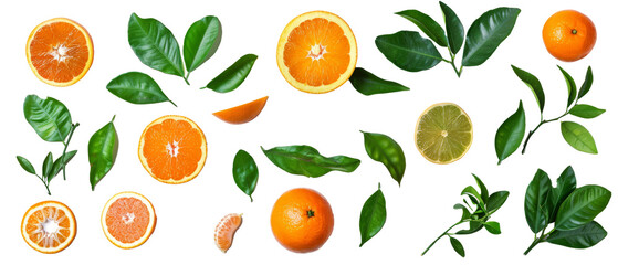 Obraz premium Set of isolated orange tree leaves and fruits on transparent background. cut elements, cut out. Top view high quality PNG.