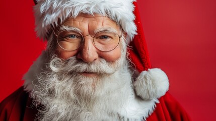 Fototapeta premium A smiling man in a red Santa hat and glasses